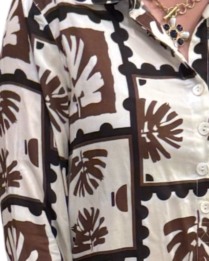 The Mason Button Back Top in Brown and Black Abstract Print — view 2
