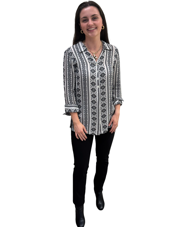 The Mason Black White Striped Pattern Button Back Top — view 3