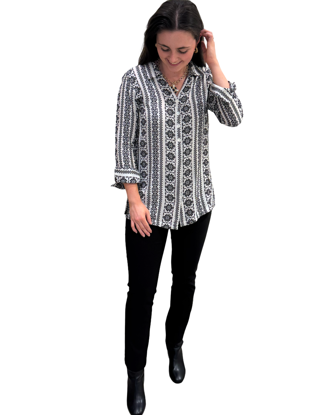 The Mason Black White Striped Pattern Button Back Top