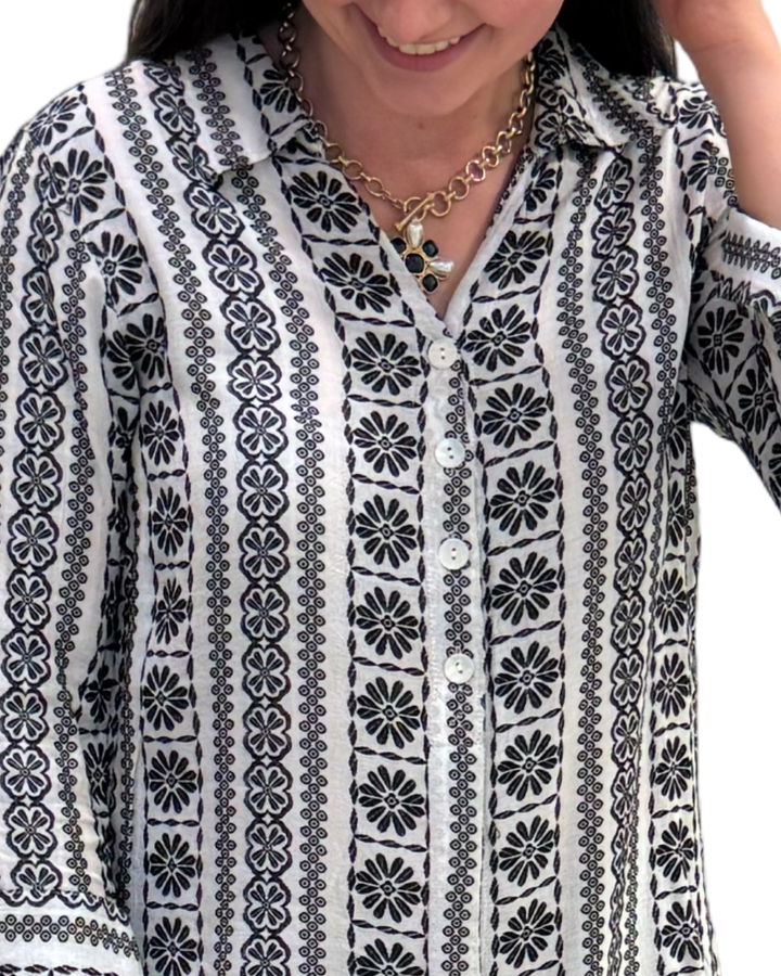 The Mason Black White Striped Pattern Button Back Top — view 4