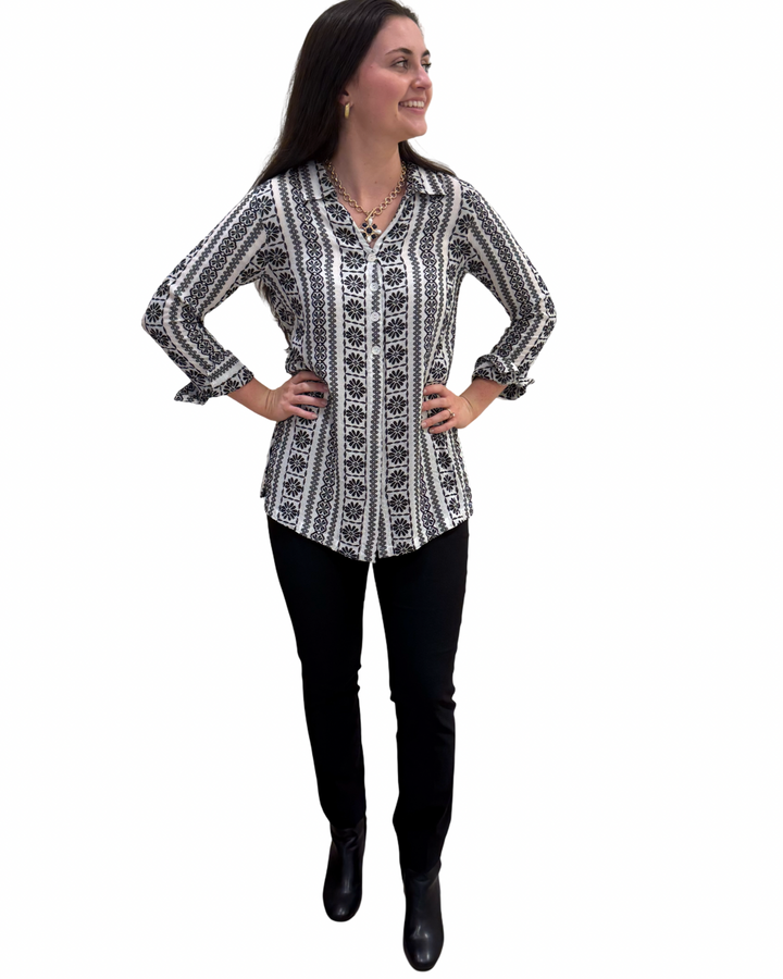 The Mason Black White Striped Pattern Button Back Top — view 5