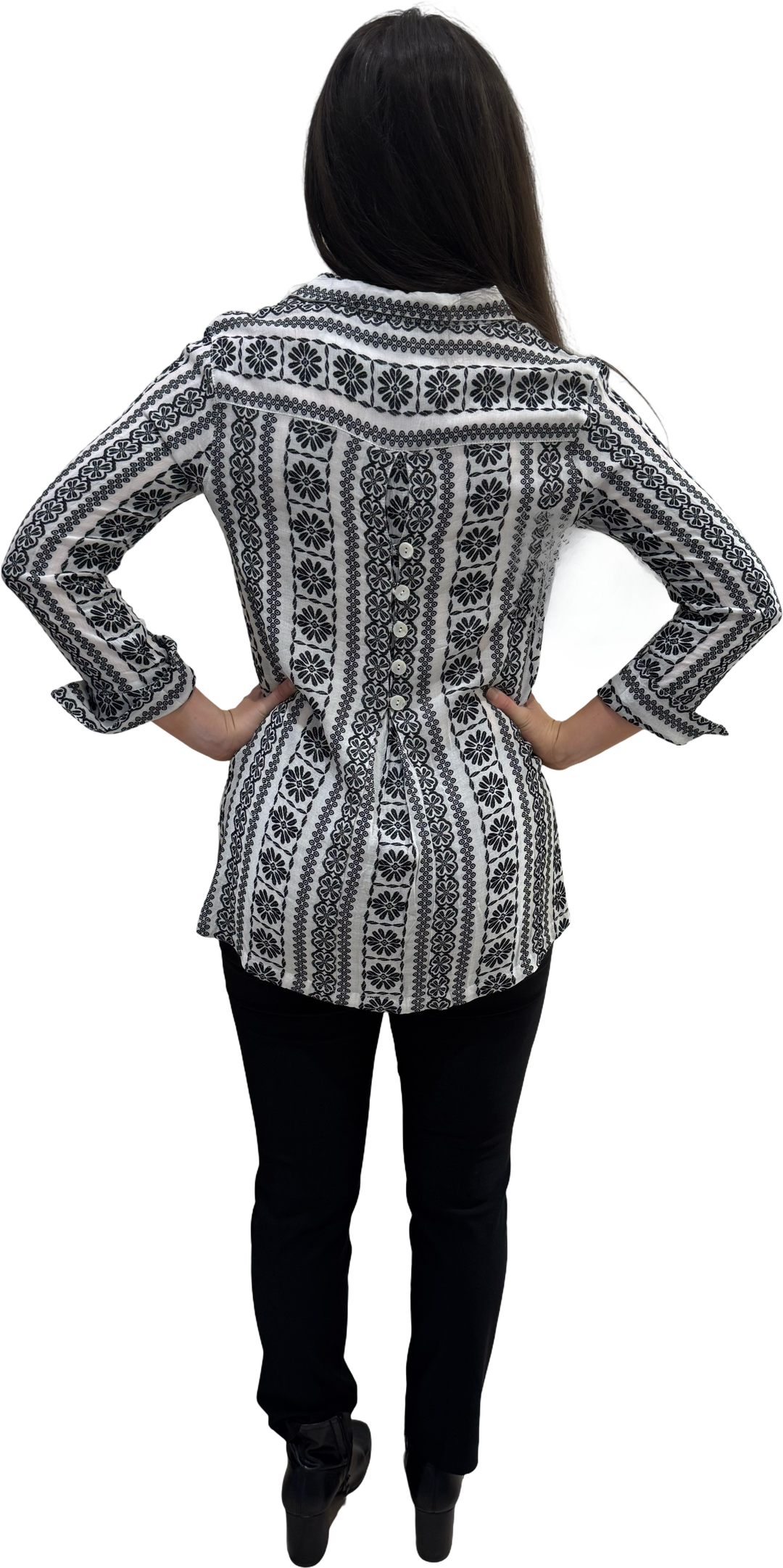 The Mason Black White Striped Pattern Button Back Top — view 6