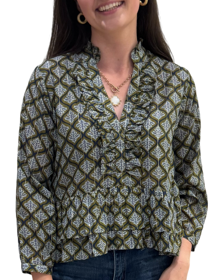 The Bella Ruffle Trim Top in Green Grey Silver Lurex — view 3