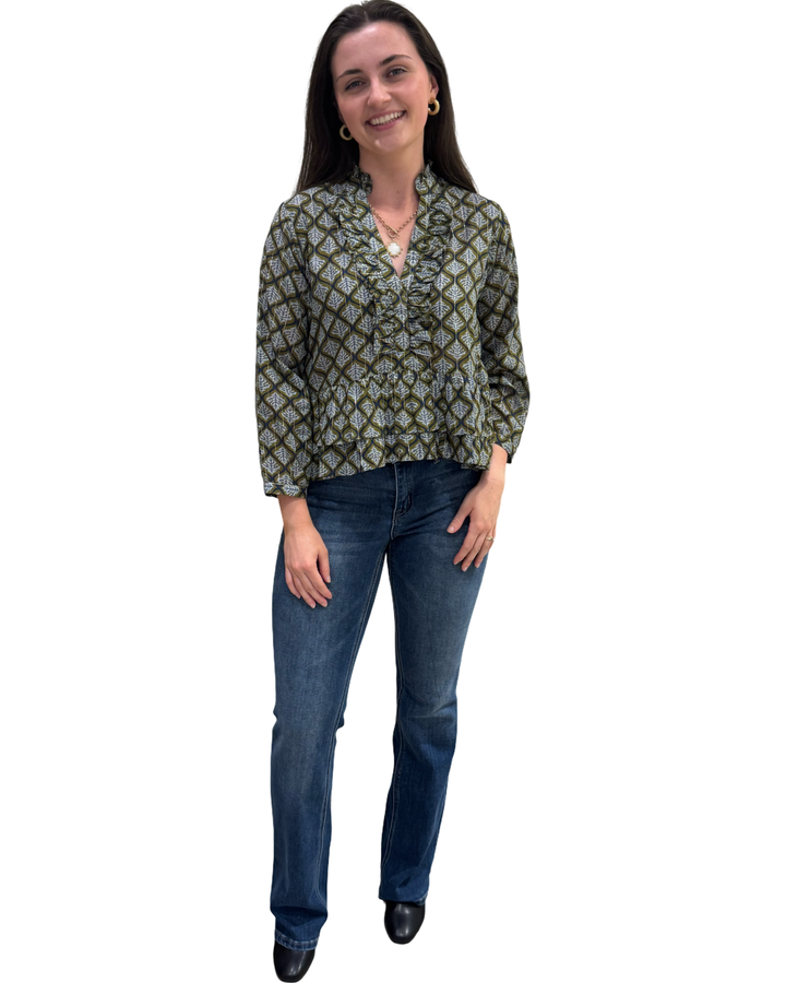 The Bella Ruffle Trim Top in Green Grey Silver Lurex — view 2
