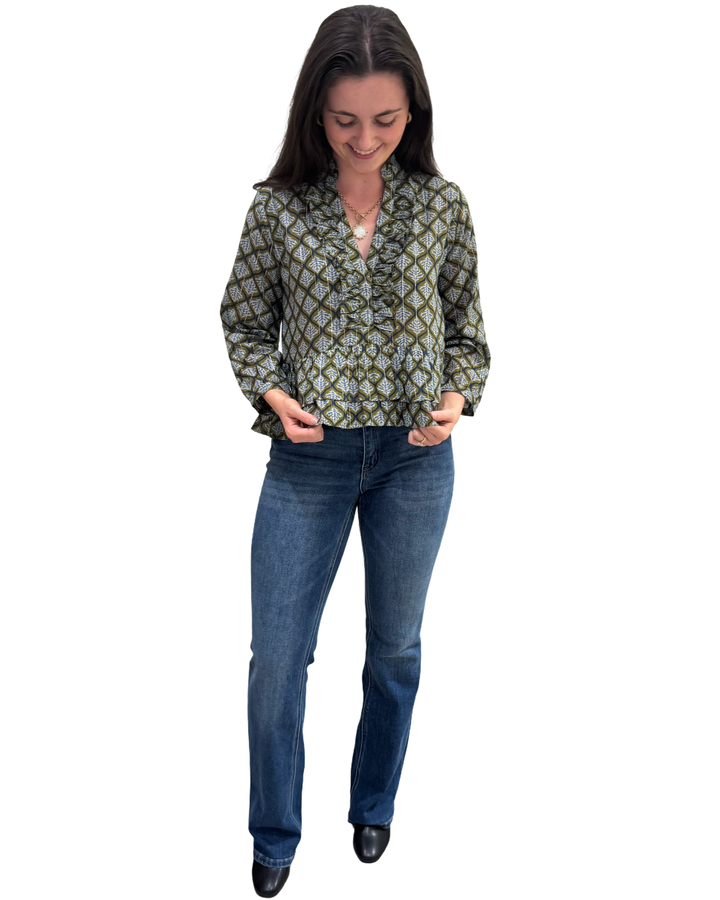 The Bella Ruffle Trim Top in Green Grey Silver Lurex
