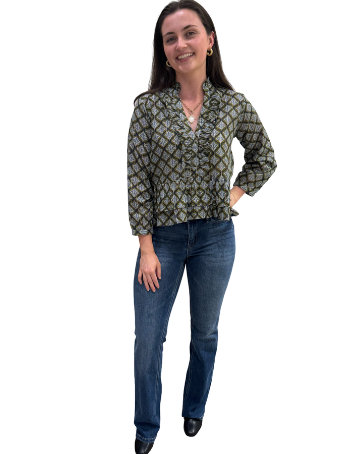 The Bella Ruffle Trim Top in Green Grey Silver Lurex — view 4