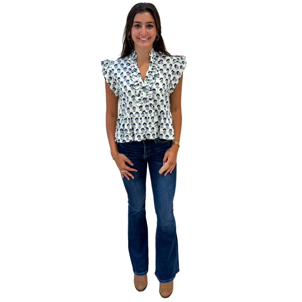 The Bella Cotton Ruffled Trim Top in White and Blue Floral Hand Block — view 2
