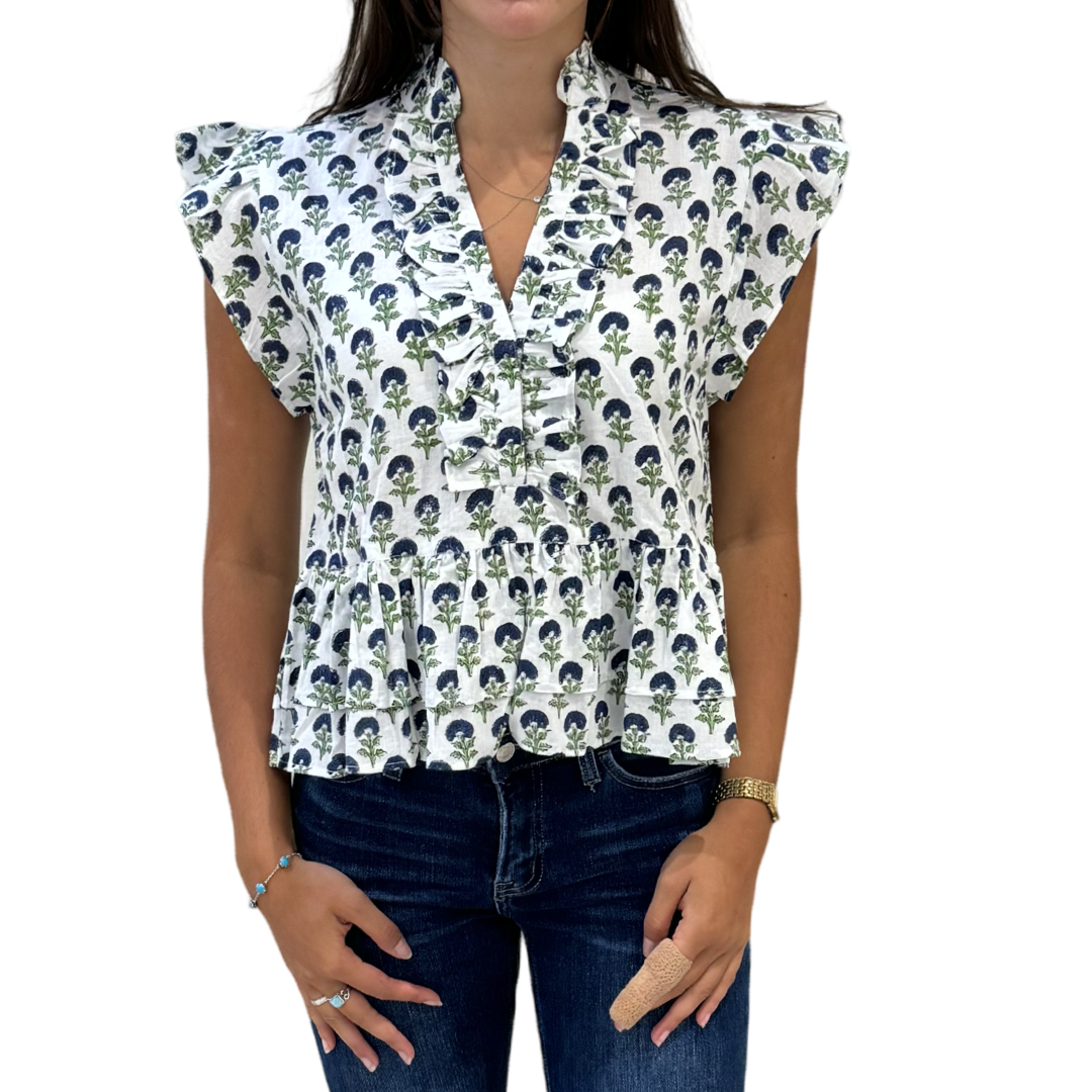 The Bella Cotton Ruffled Trim Top in White and Blue Floral Hand Block — view 3