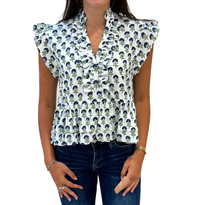 The Bella Cotton Ruffled Trim Top in White and Blue Floral Hand Block — view 3