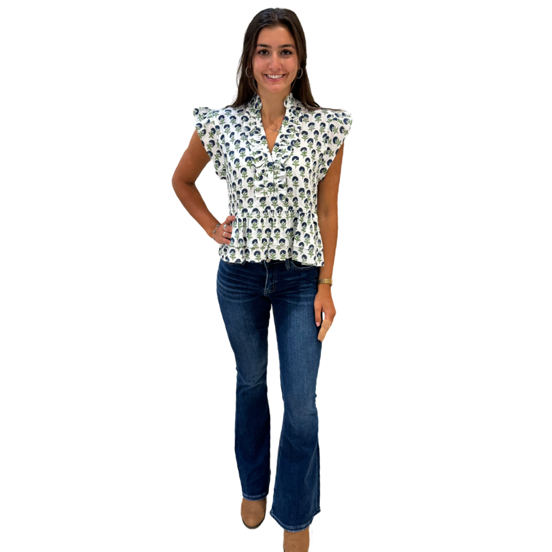 The Bella Cotton Ruffled Trim Top in White and Blue Floral Hand Block