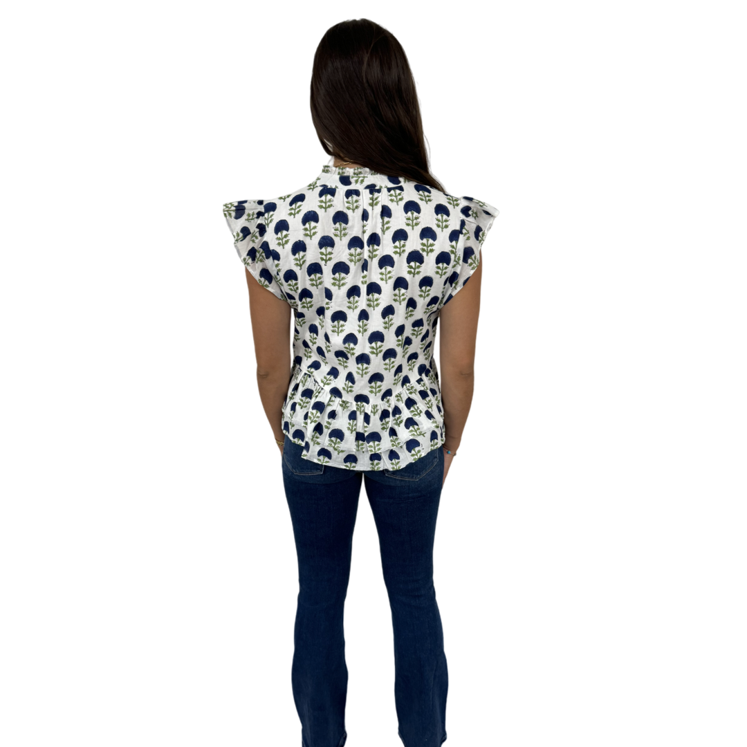 The Bella Cotton Ruffled Trim Top in White and Blue Floral Hand Block — view 4