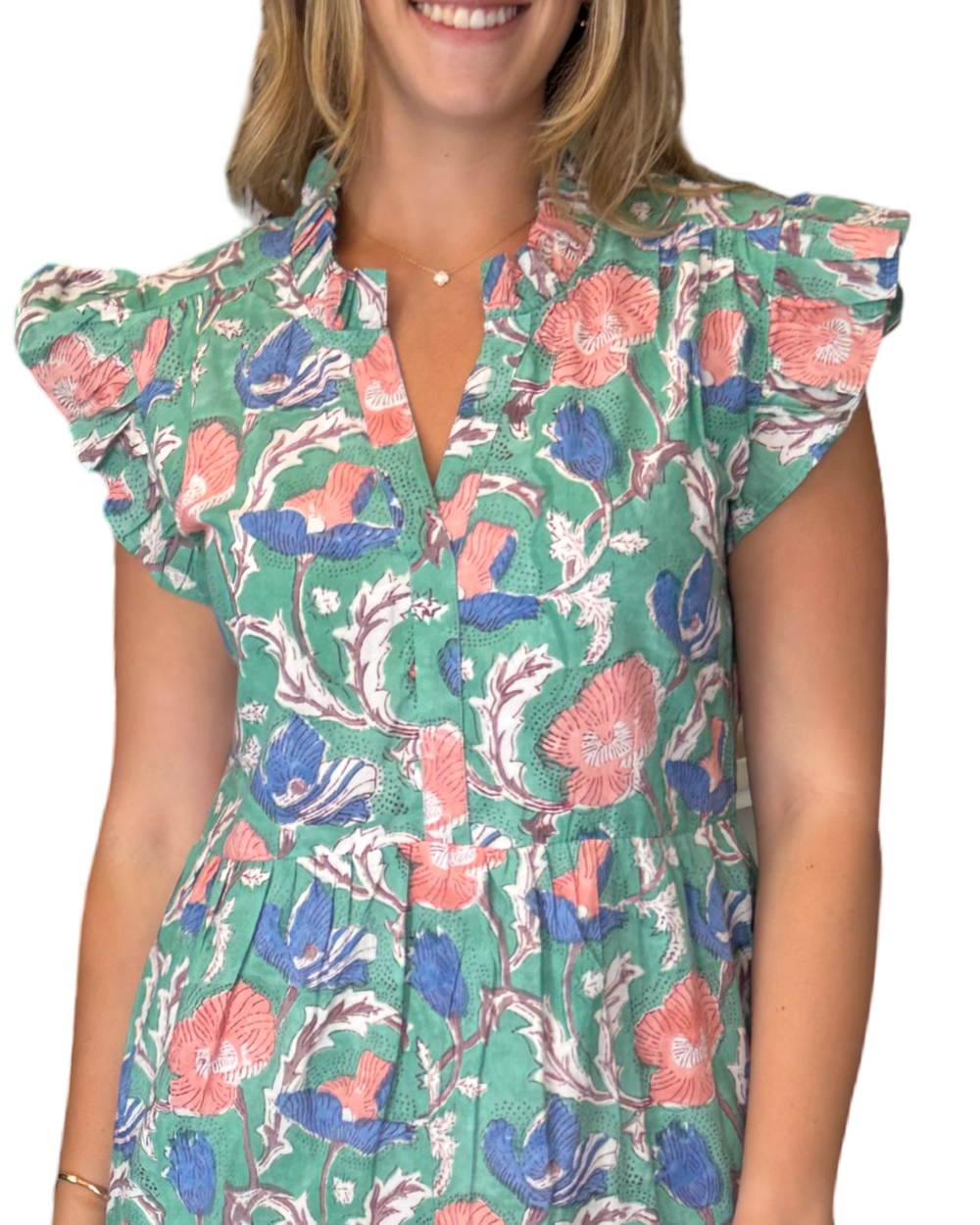 The Campbell Flutter Sleeve Dress in Soft Green Floral Hand Block — view 2