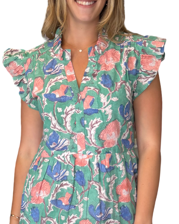 The Campbell Flutter Sleeve Dress in Soft Green Floral Hand Block — view 2