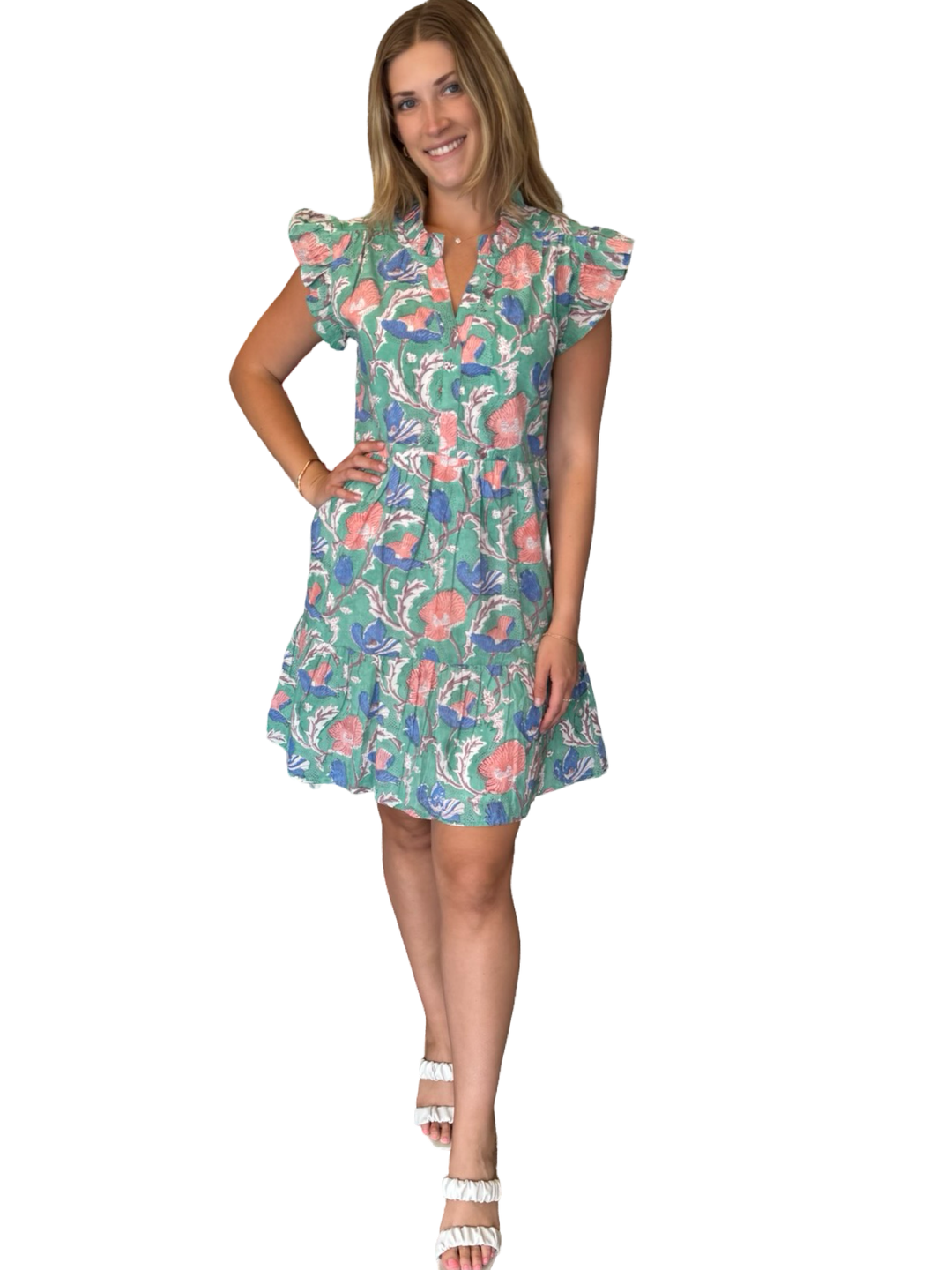 The Campbell Flutter Sleeve Dress in Soft Green Floral Hand Block