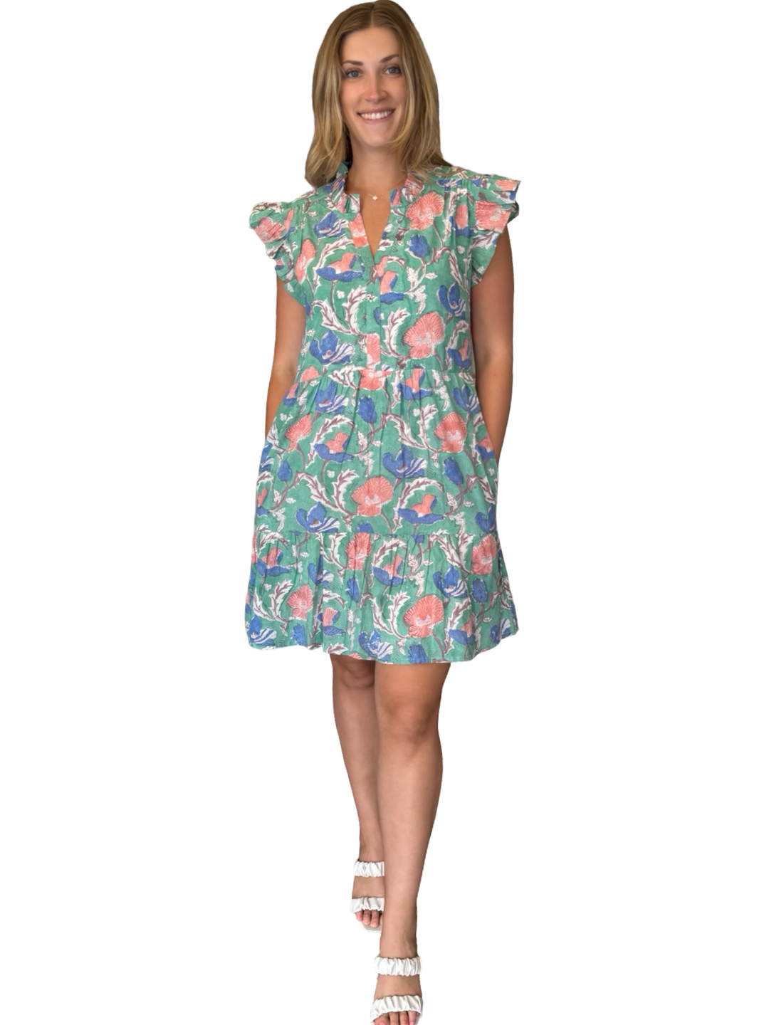 The Campbell Flutter Sleeve Dress in Soft Green Floral Hand Block — view 3