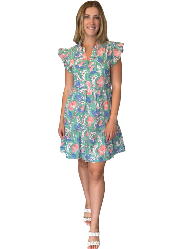 The Campbell Flutter Sleeve Dress in Soft Green Floral Hand Block — view 4