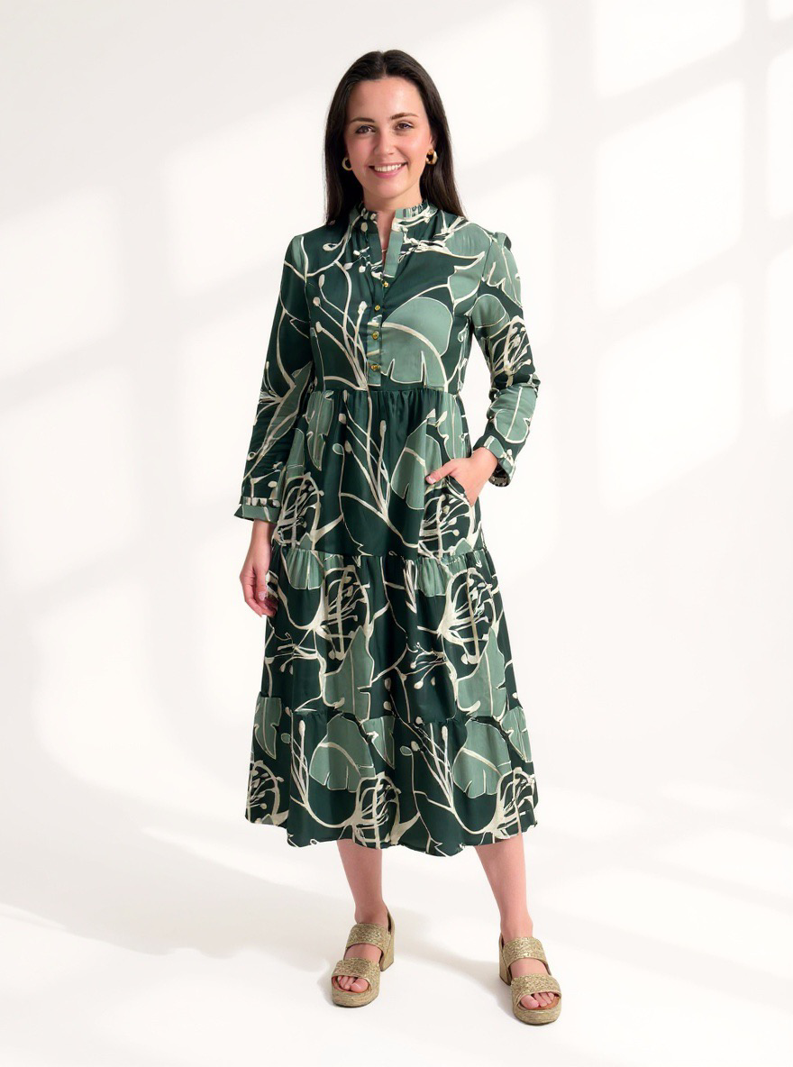 The Penny Long Length Cotton Dress in Tropical Green Abstract Cotton
