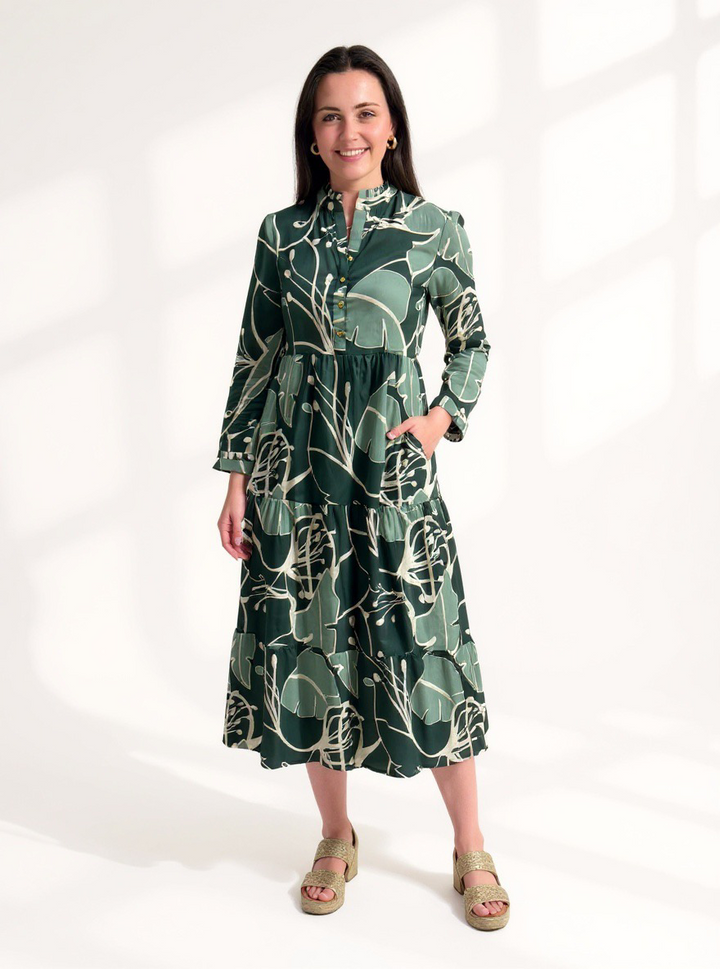 The Penny Long Length Cotton Dress in Tropical Green Abstract Cotton