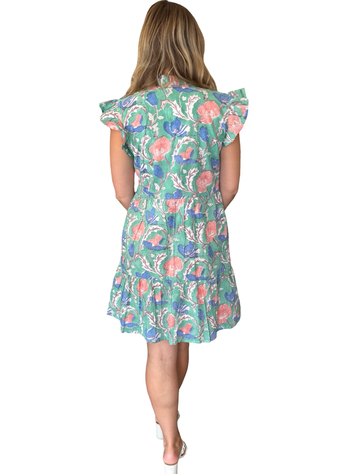 The Campbell Flutter Sleeve Dress in Soft Green Floral Hand Block — view 5