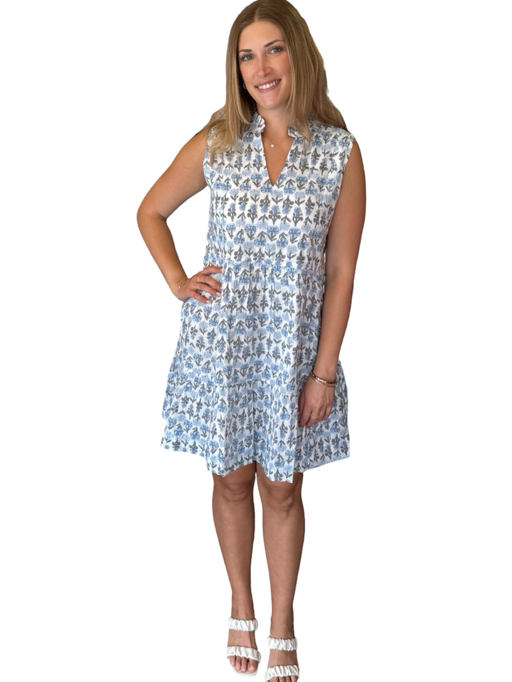 The Bennett Sleeveless Cotton Dress in Blue White Floral — view 3