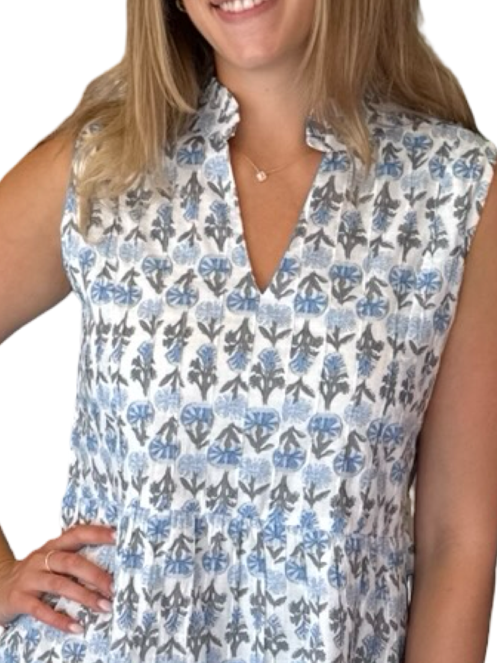 The Bennett Sleeveless Cotton Dress in Blue White Floral — view 2