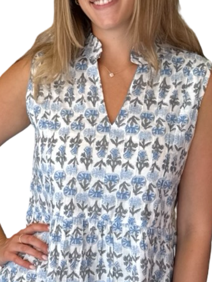The Bennett Sleeveless Cotton Dress in Blue White Floral — view 2