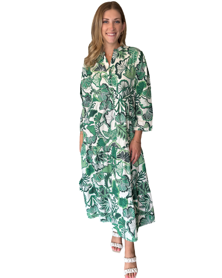The Addison Tropical Green Leaf Print Dress — view 3