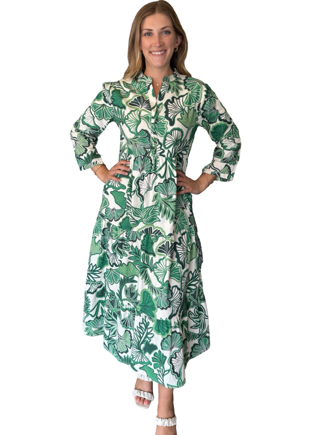 The Addison Tropical Green Leaf Print Dress