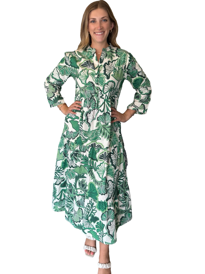 The Addison Tropical Green Leaf Print Dress