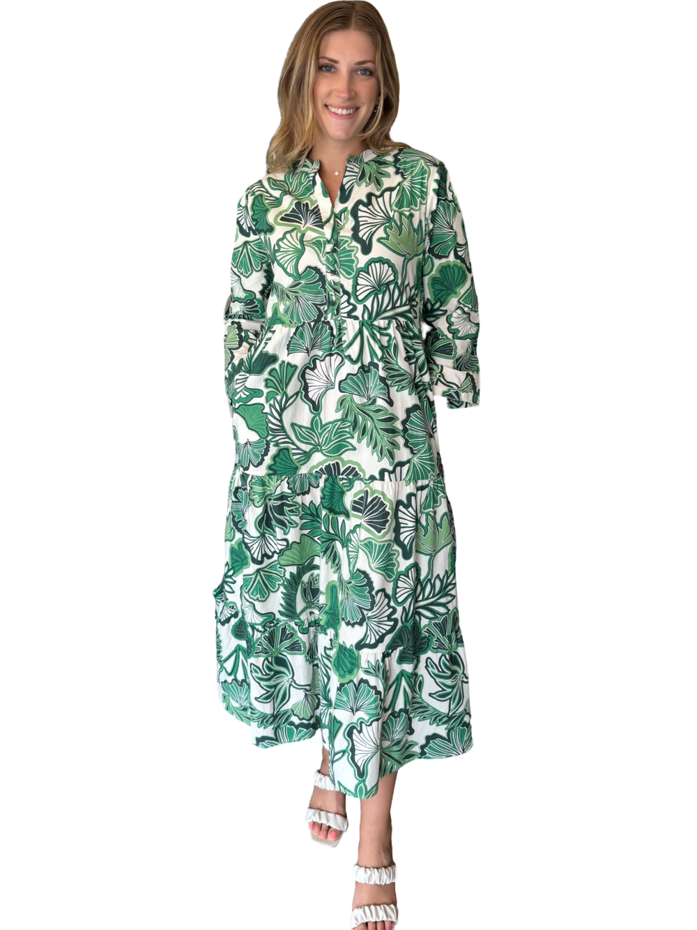 The Addison Tropical Green Leaf Print Dress — view 2