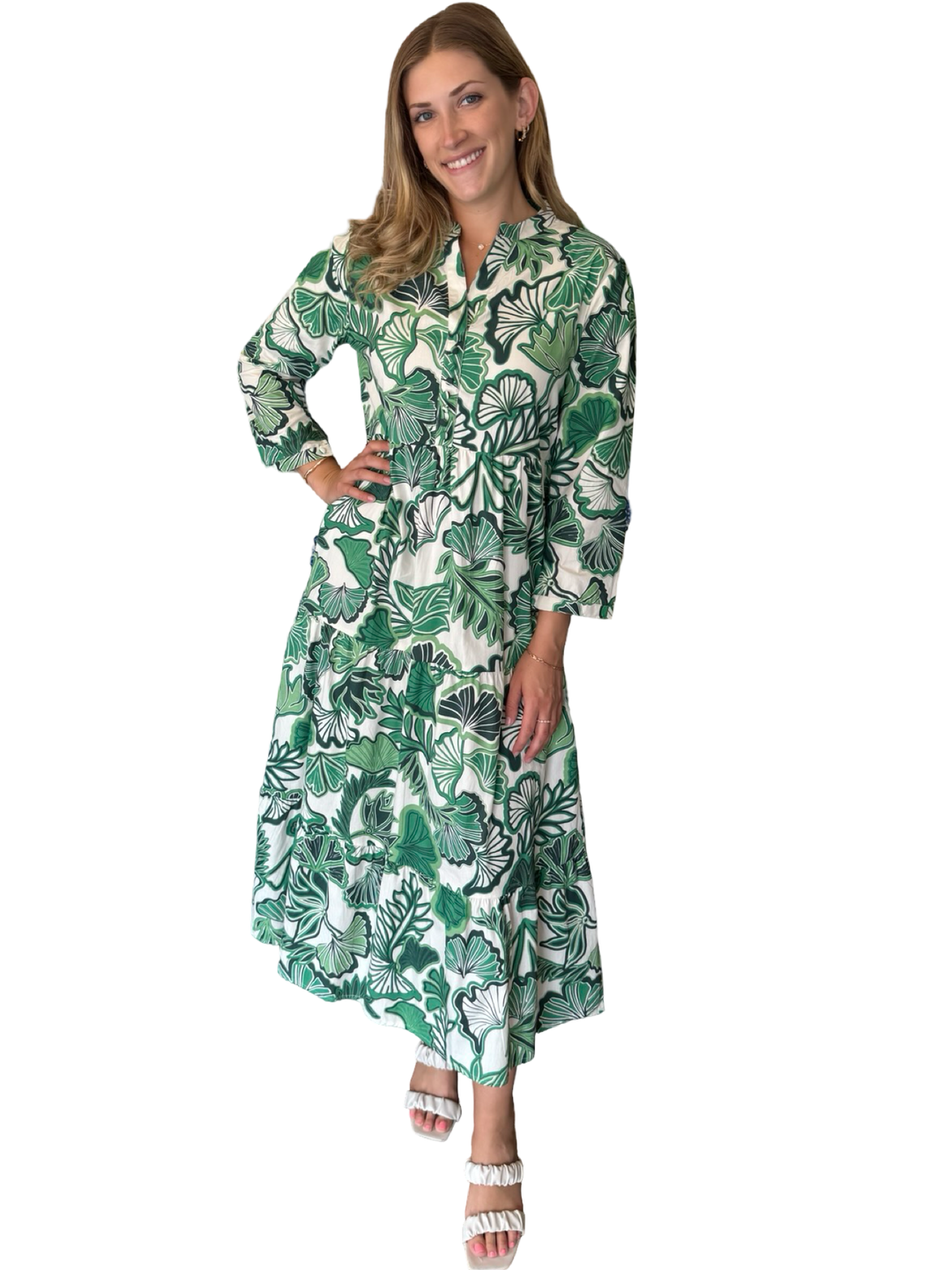 The Addison Tropical Green Leaf Print Dress — view 4