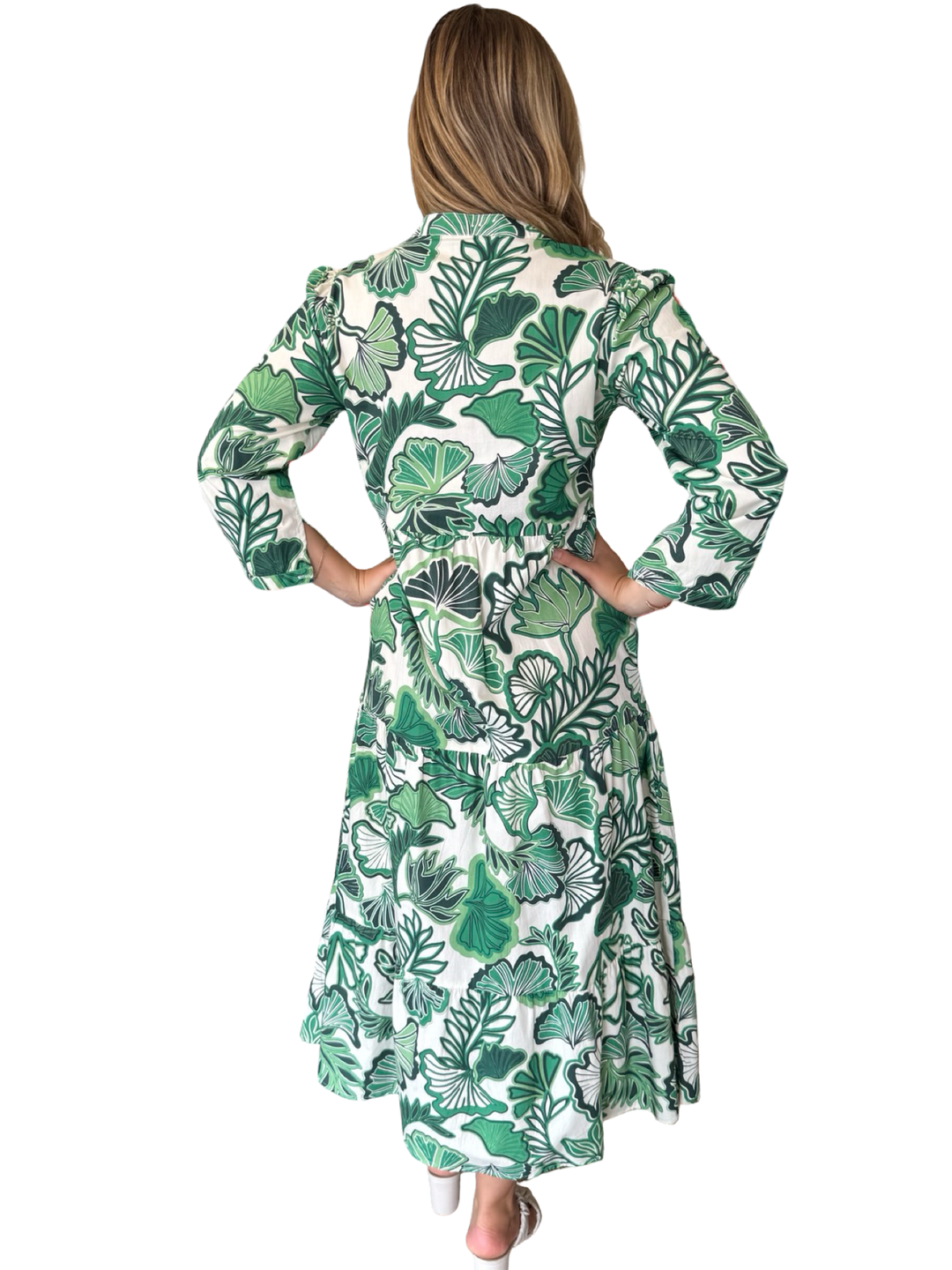 The Addison Tropical Green Leaf Print Dress — view 8