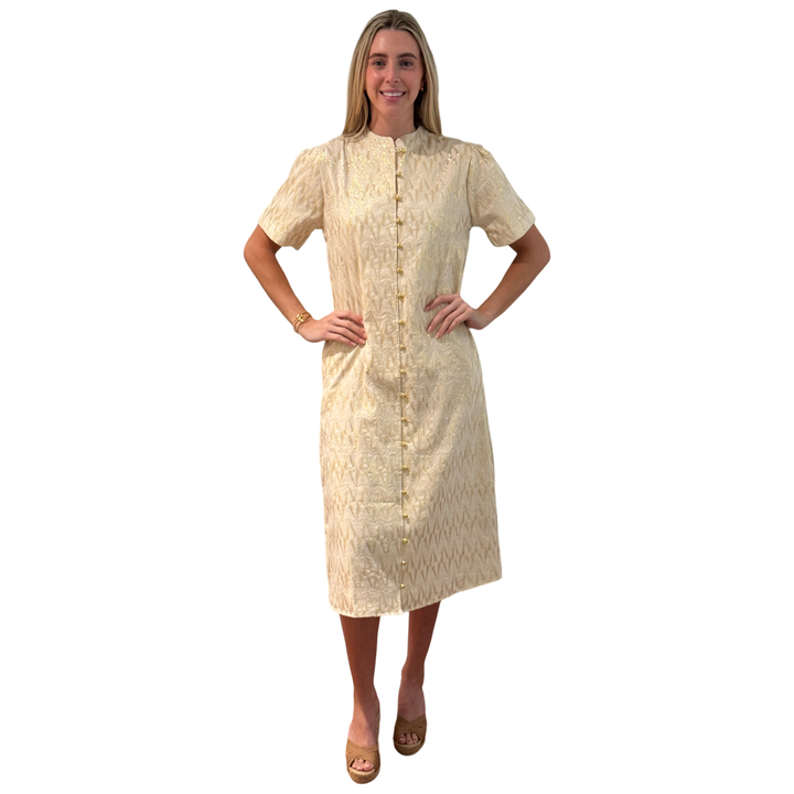 The Tabitha Button Front Dress in White and Gold Jaquard — view 6