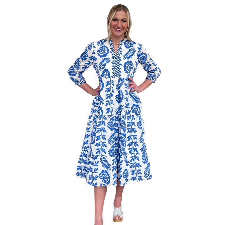 The Daniella Periwinkle Blue Floral Embroidered Trim Midi Dress