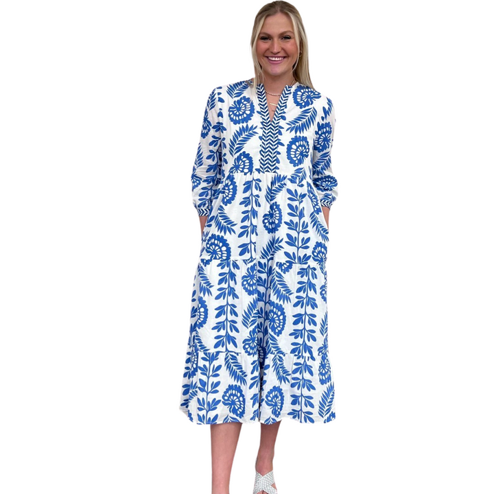 The Daniella Periwinkle Blue Floral Embroidered Trim Midi Dress — view 2
