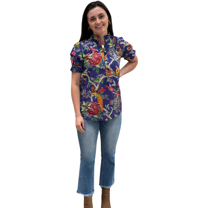 The Montgomery Short Sleeve Cotton Bird Print Top — view 8