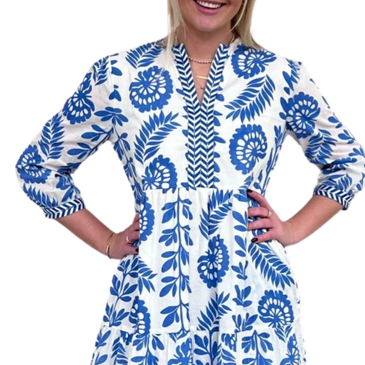 The Daniella Periwinkle Blue Floral Embroidered Trim Midi Dress — view 3