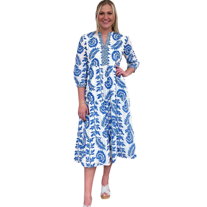The Daniella Periwinkle Blue Floral Embroidered Trim Midi Dress — view 4