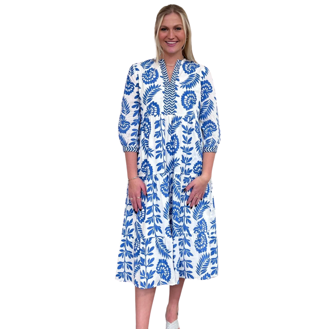 The Daniella Periwinkle Blue Floral Embroidered Trim Midi Dress — view 5