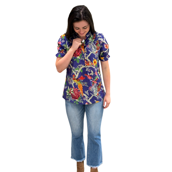 The Montgomery Short Sleeve Cotton Bird Print Top — view 6