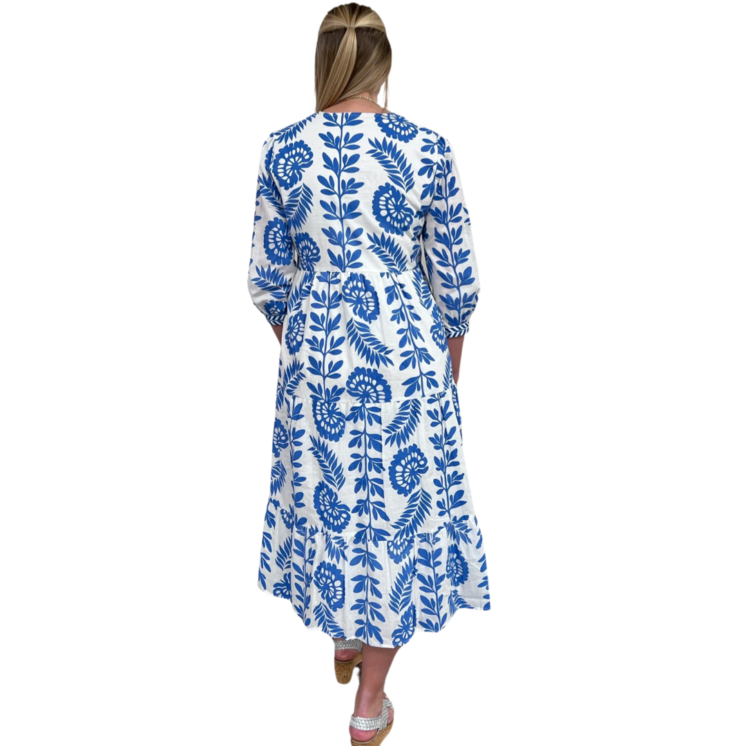 The Daniella Periwinkle Blue Floral Embroidered Trim Midi Dress — view 6