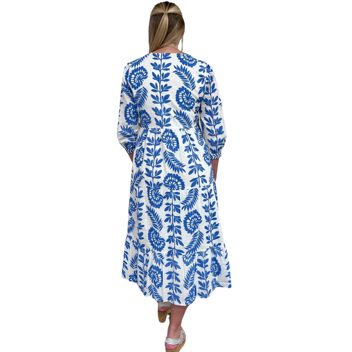 The Daniella Periwinkle Blue Floral Embroidered Trim Midi Dress — view 6