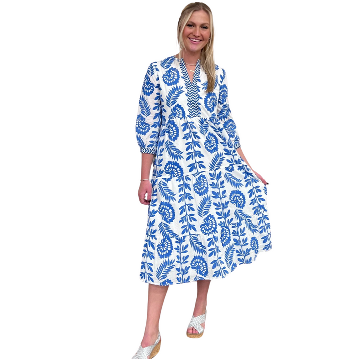 The Daniella Periwinkle Blue Floral Embroidered Trim Midi Dress — view 7