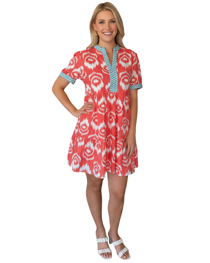 The Daniella Embroidered Trim Short Sleeve Dress in Coral White Ikat