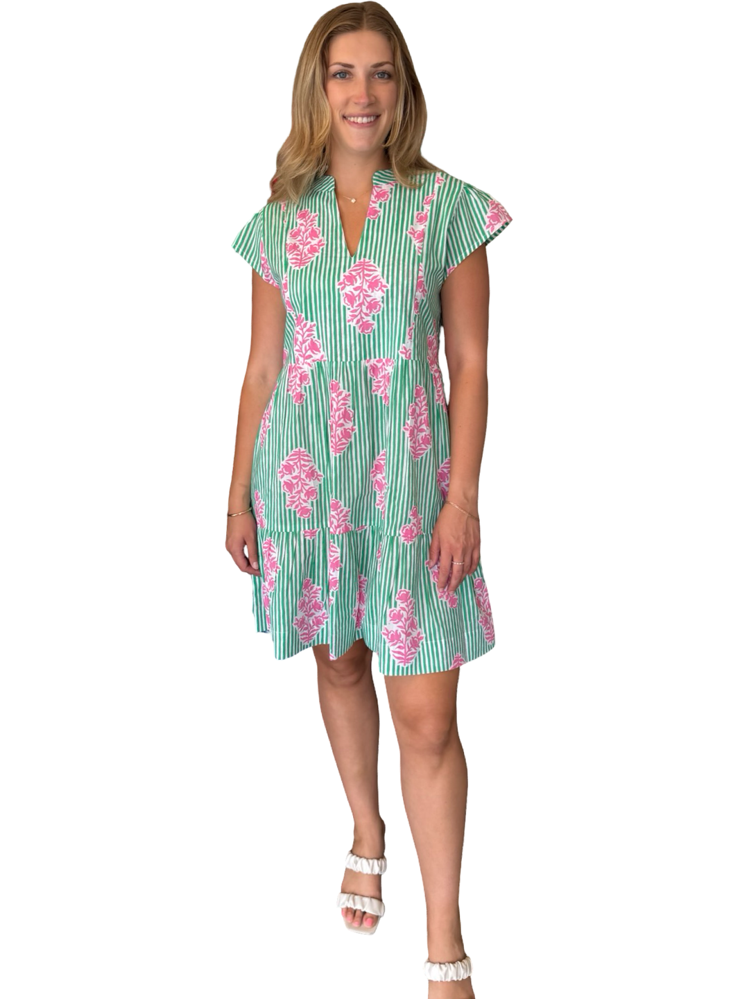 The Preston Side Pocket Dress in Green and Blush Pink Floral Stripe — view 3