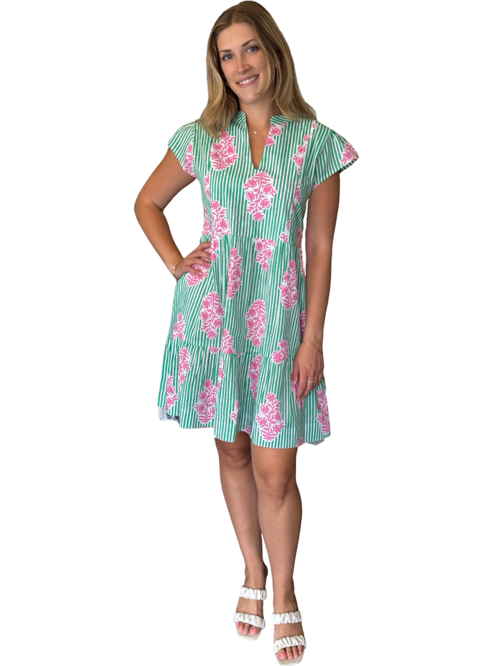 The Preston Side Pocket Dress in Green and Blush Pink Floral Stripe