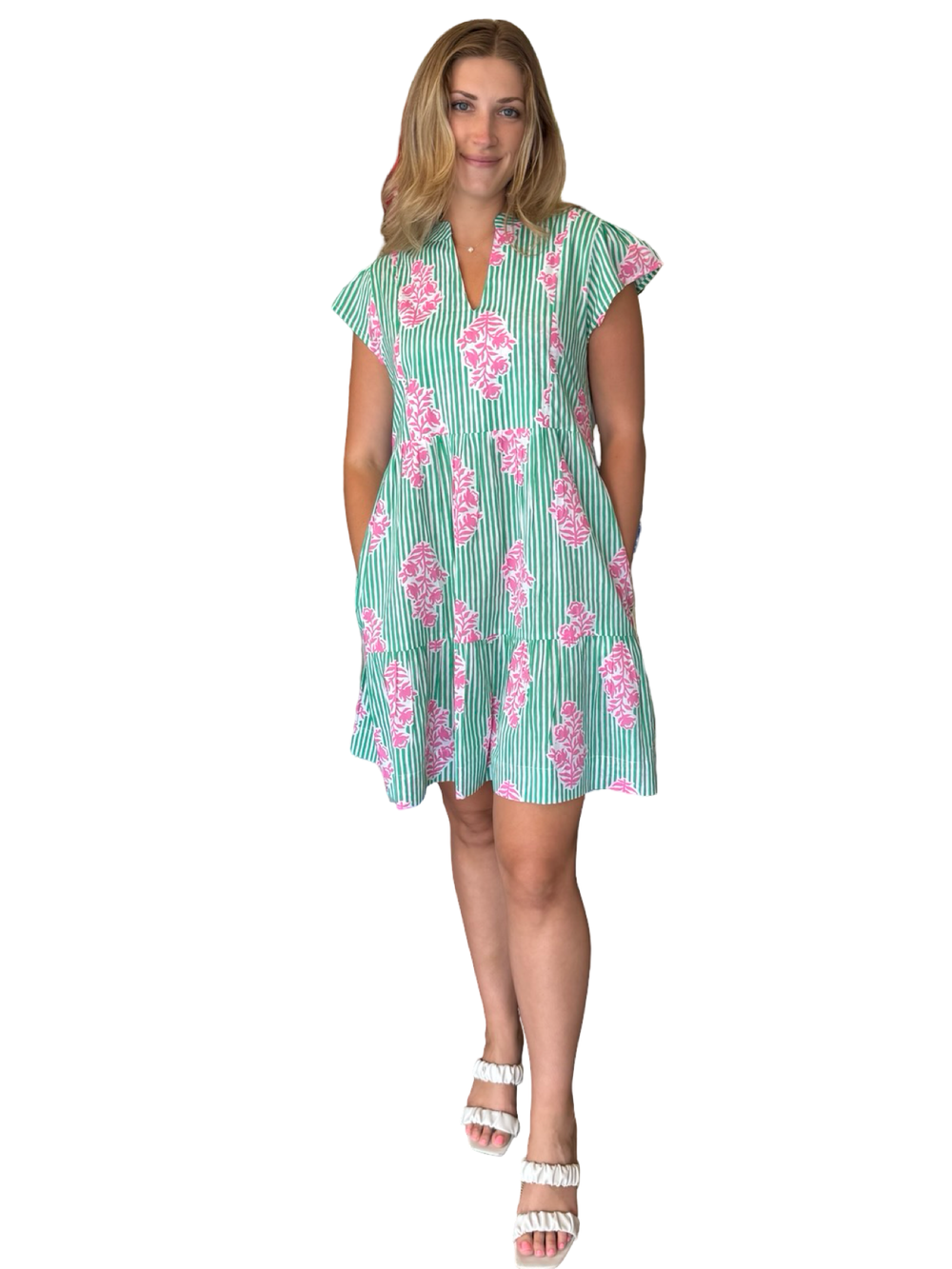 The Preston Side Pocket Dress in Green and Blush Pink Floral Stripe — view 2