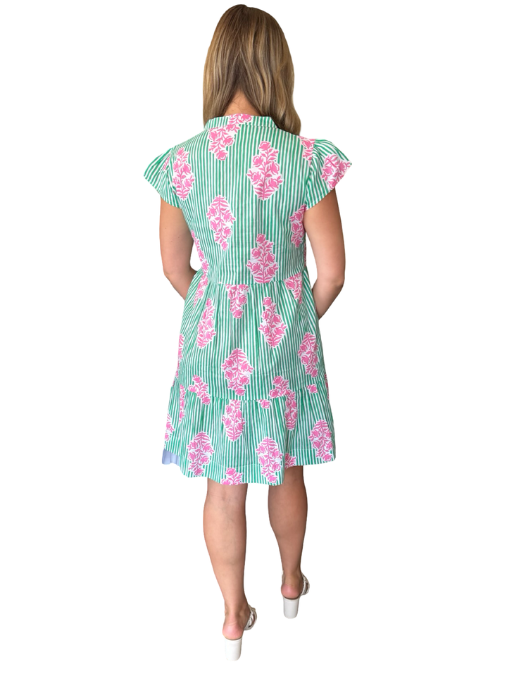 The Preston Side Pocket Dress in Green and Blush Pink Floral Stripe — view 4