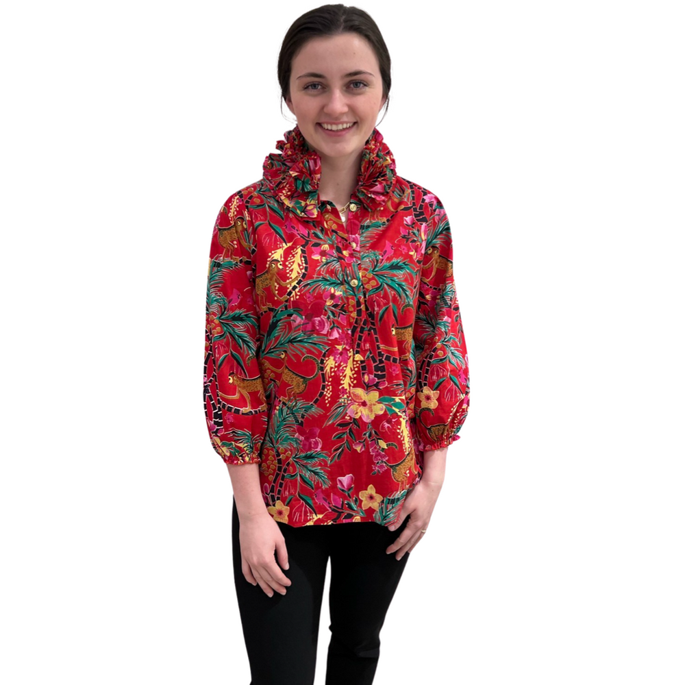 The Maria Ruffle Neck Blouse in Red Monkey Business Cotton — view 2