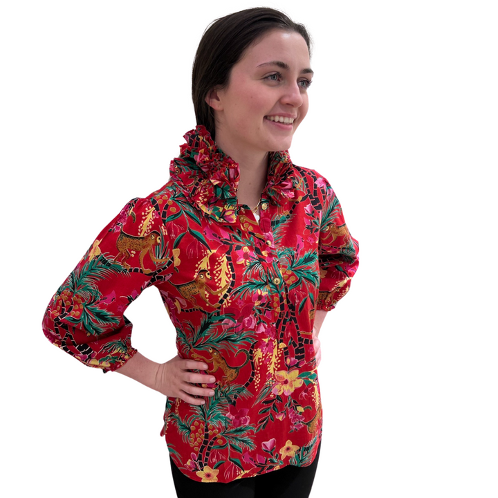 The Maria Ruffle Neck Blouse in Red Monkey Business Cotton — view 9